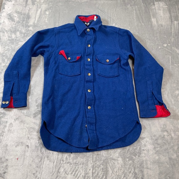 Woolrich Other - Woolrich Vintage Mens Blue Wool Blend Shirt Jacket Red Trim Made in USA 6012 S